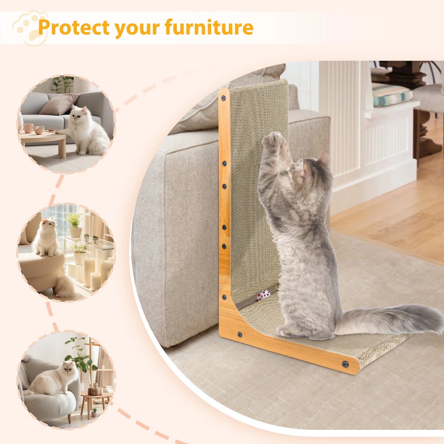 L Shape Cat Scratcher 68 Cm Cat Scratch Pad Cat, Cat Scratching Cardboard Wall Scratcher with Ball Toy for Indoor Cats