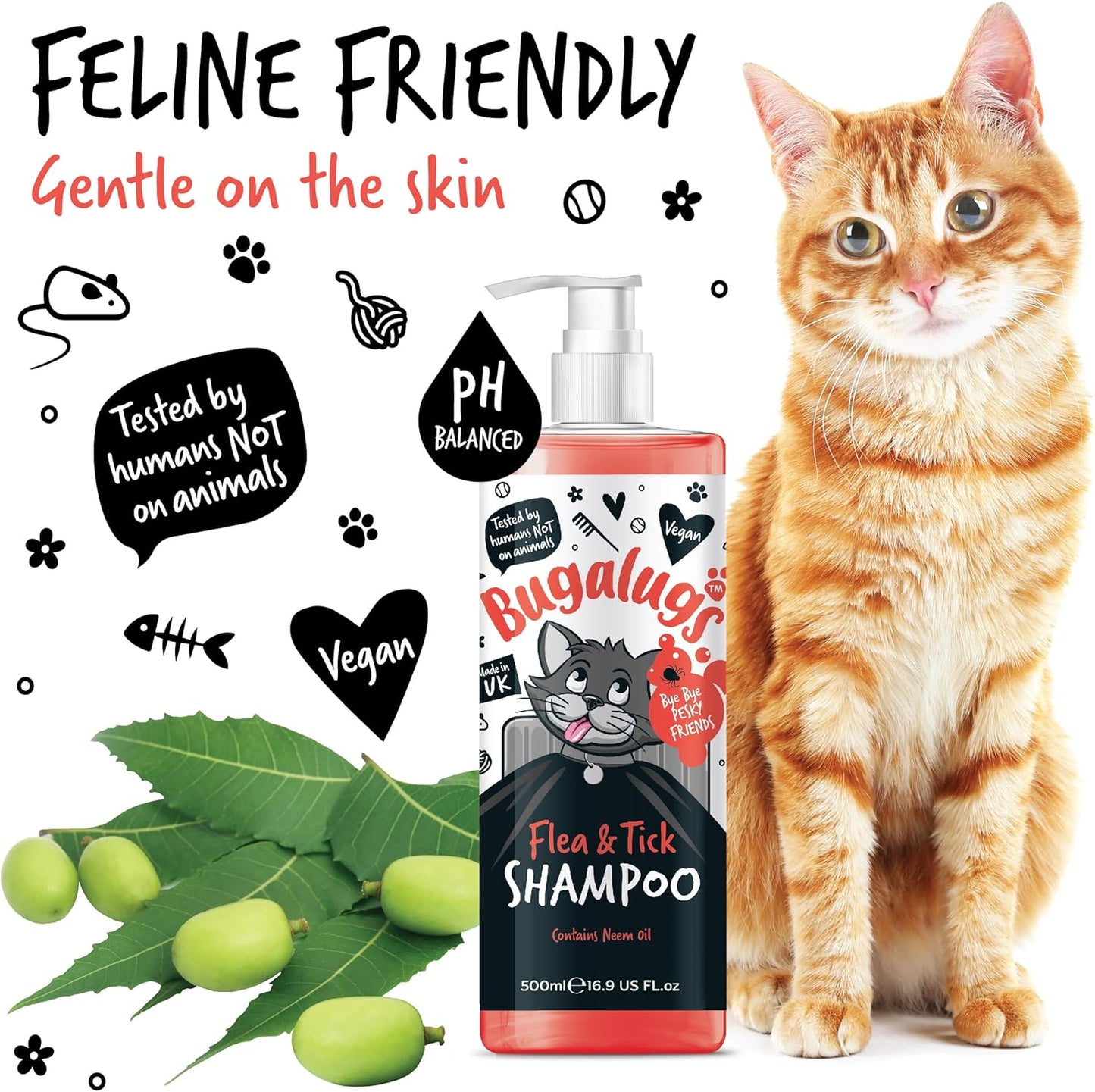 Flea and Tick Cat Shampoo by 500Ml, Deep Cleansing for Cats for Fleas, Ticks & Mites Contains Neem Oil, PH Balanced Vegan (500Ml Flea Shampoo)