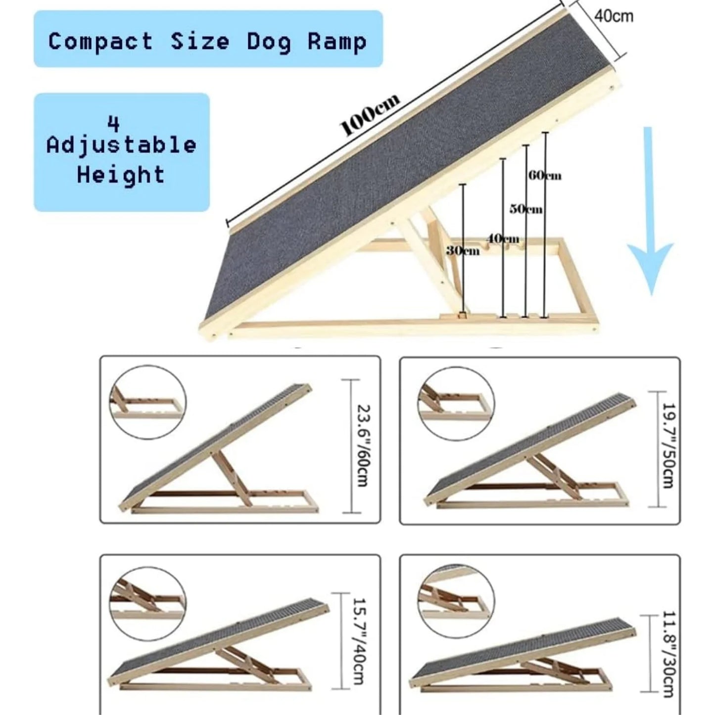 Pet Climbing Ladder Solid Wood Pet Ramp Car Dog Ladder with Non-Slip Carpet Height Adjustable Multi-Purpose Treads