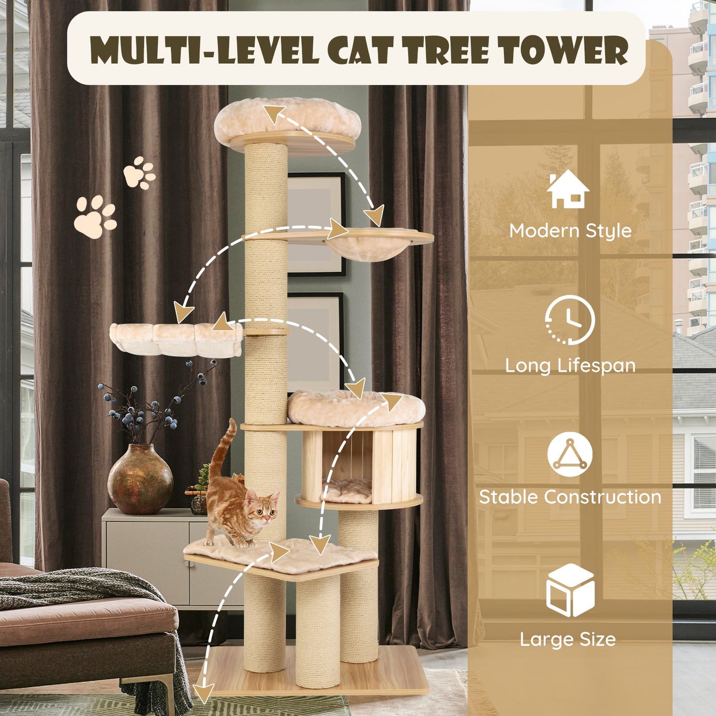 Modern Tall Cat Tree Tower with Wooden Cat Condo