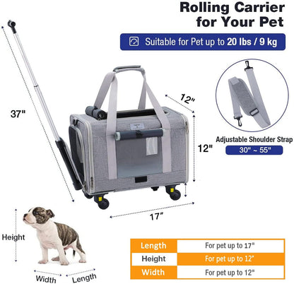 Dog Carrier with Wheels, Airline Approved Outdoor Rolling Pet Carrier with Telescopic Handle and Shoulder Strap for Travel, Grey