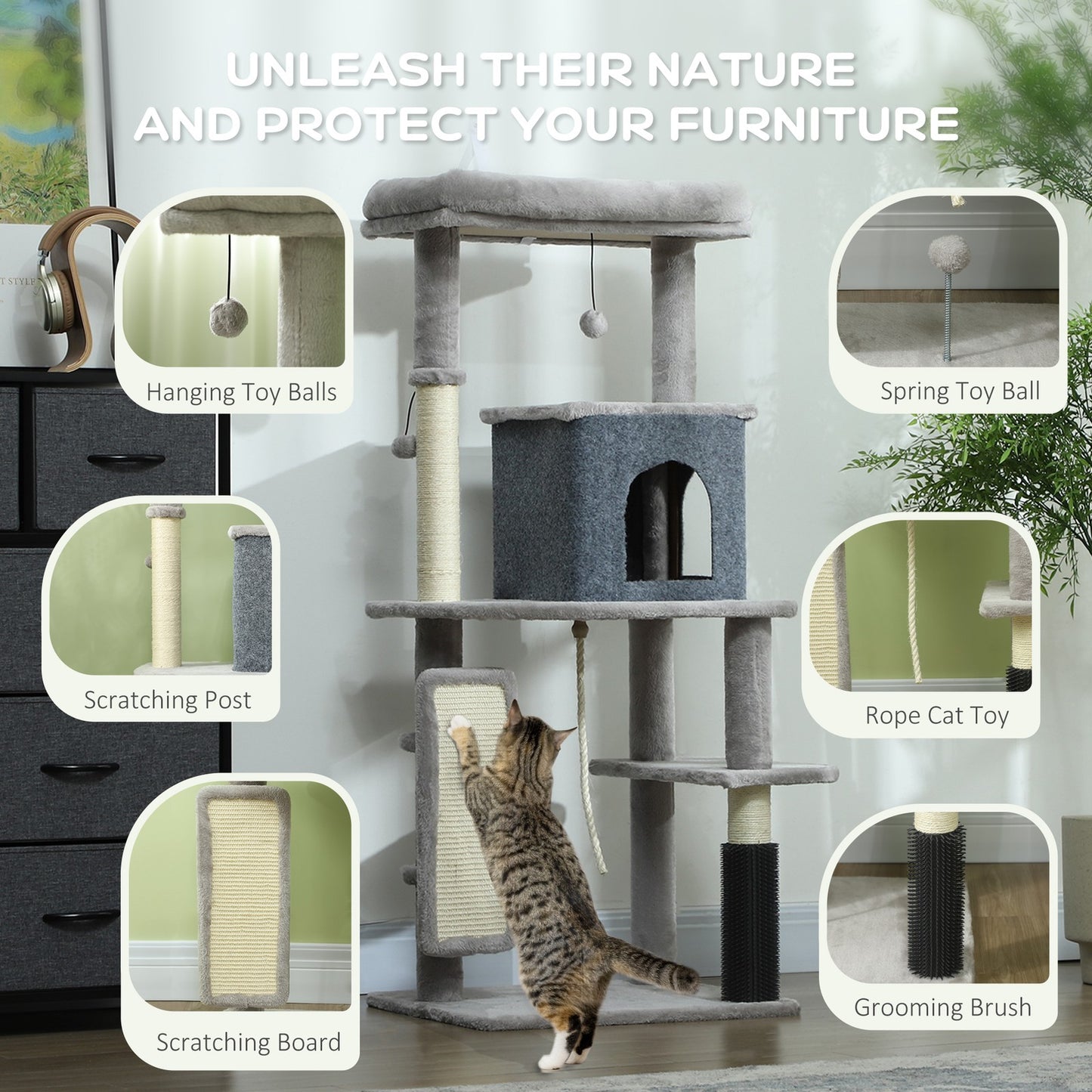 Cat Tree, 132Cm Cat Tower with Scratching Posts and Pad, Bed, House, Light Grey