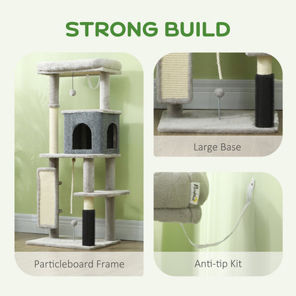 Cat Tree, 132Cm Cat Tower with Scratching Posts and Pad, Bed, House, Light Grey