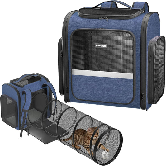 Cat Carrier Backpacks: Expandable Pet Backpack with Breathable Mesh, Pet Carrier Backpack for Cats Small Dogs Puppies up to 25 Lbs, Dog Carrier Backpack for Travel Hiking Camping Outdoor Blue