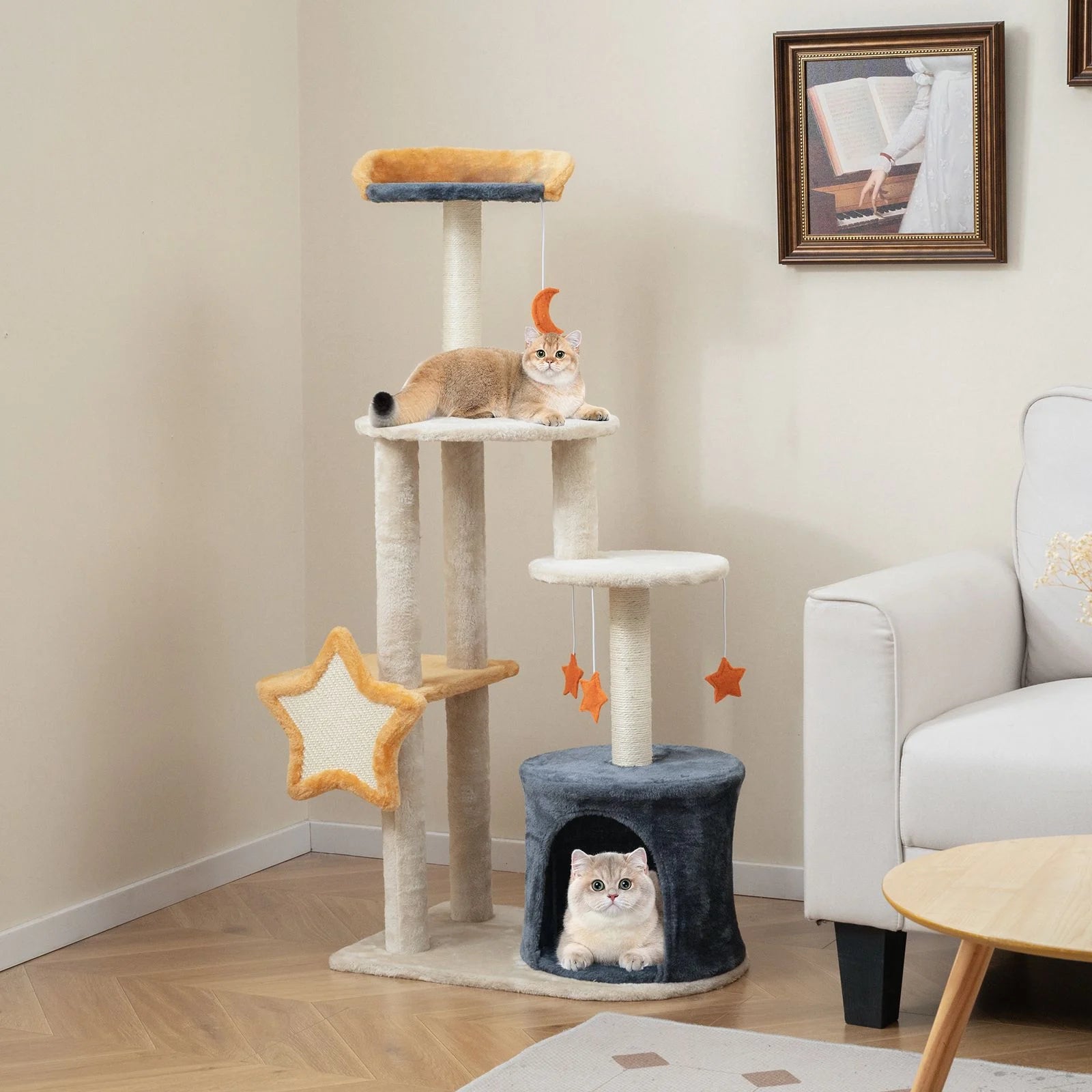 128 Cm Tall Cat Tree with Sisl Scratching Posts and Dangling Toys
