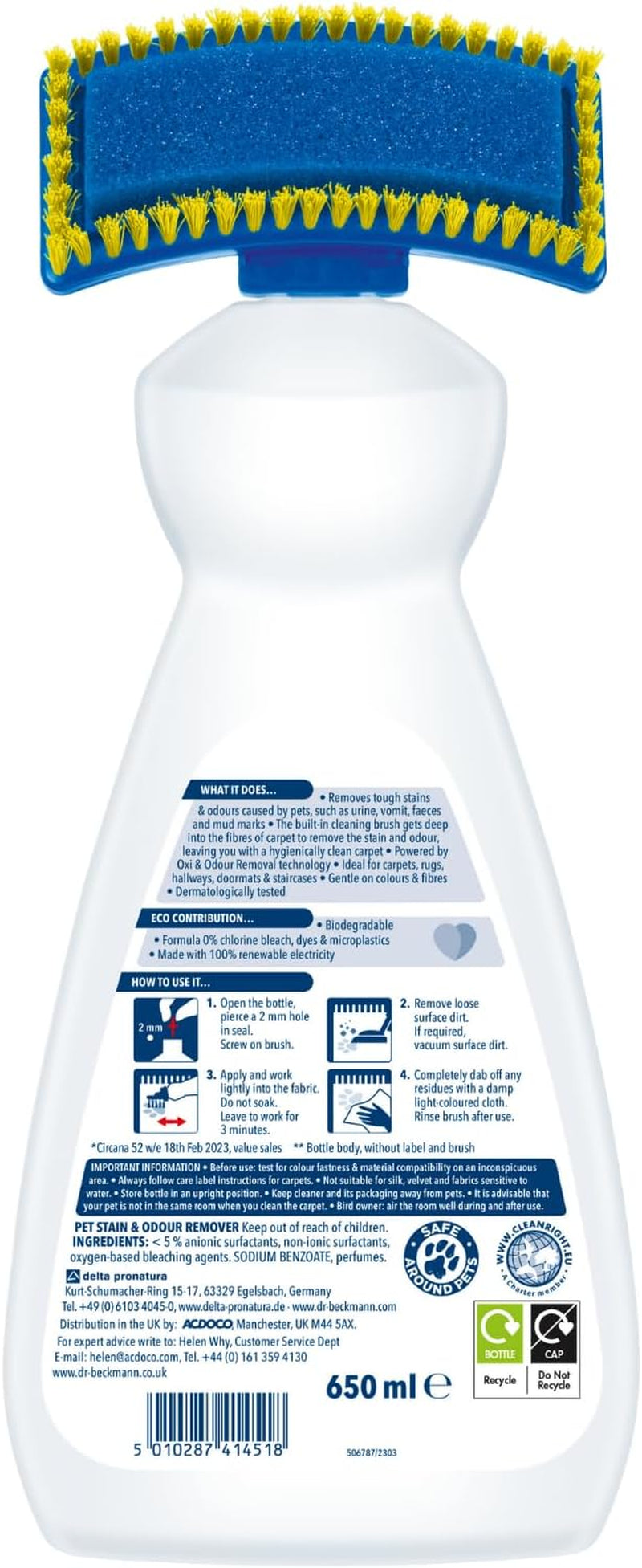 Pet Stain & Odour Remover, Eliminates Stains and Odours Caused by Pets, Incl. Applicator Brush, 650 Ml