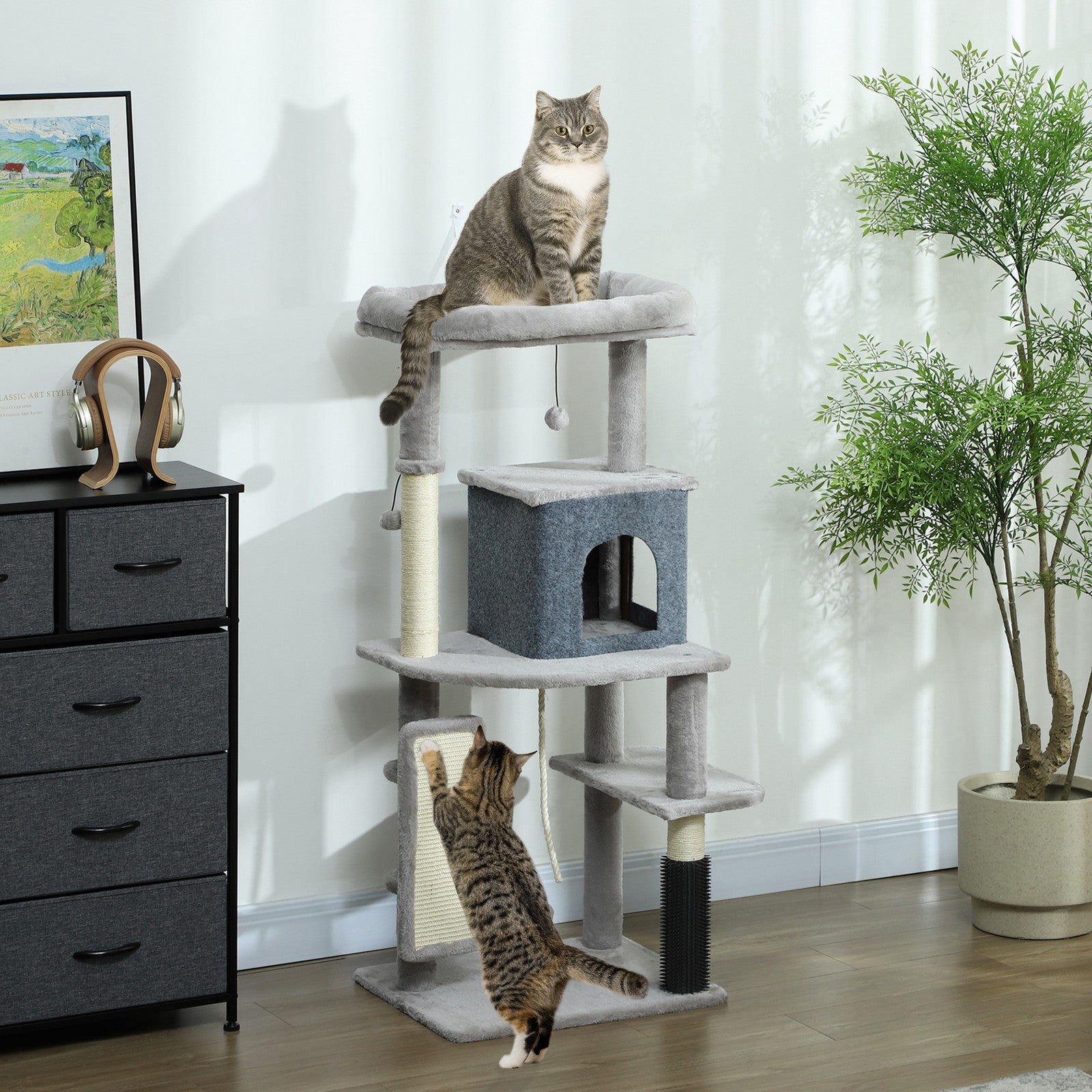 Cat Tree, 132Cm Cat Tower with Scratching Posts and Pad, Bed, House, Light Grey