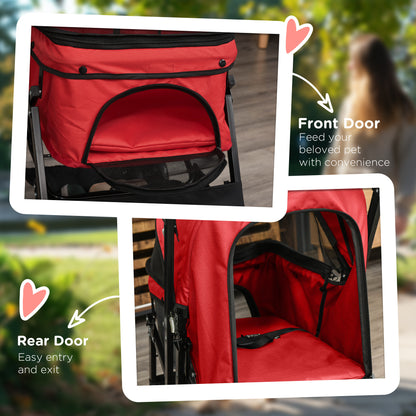 Pet Stroller Foldable Travel Dog Cat Carriage W/ Reversible Handle Brake Basket