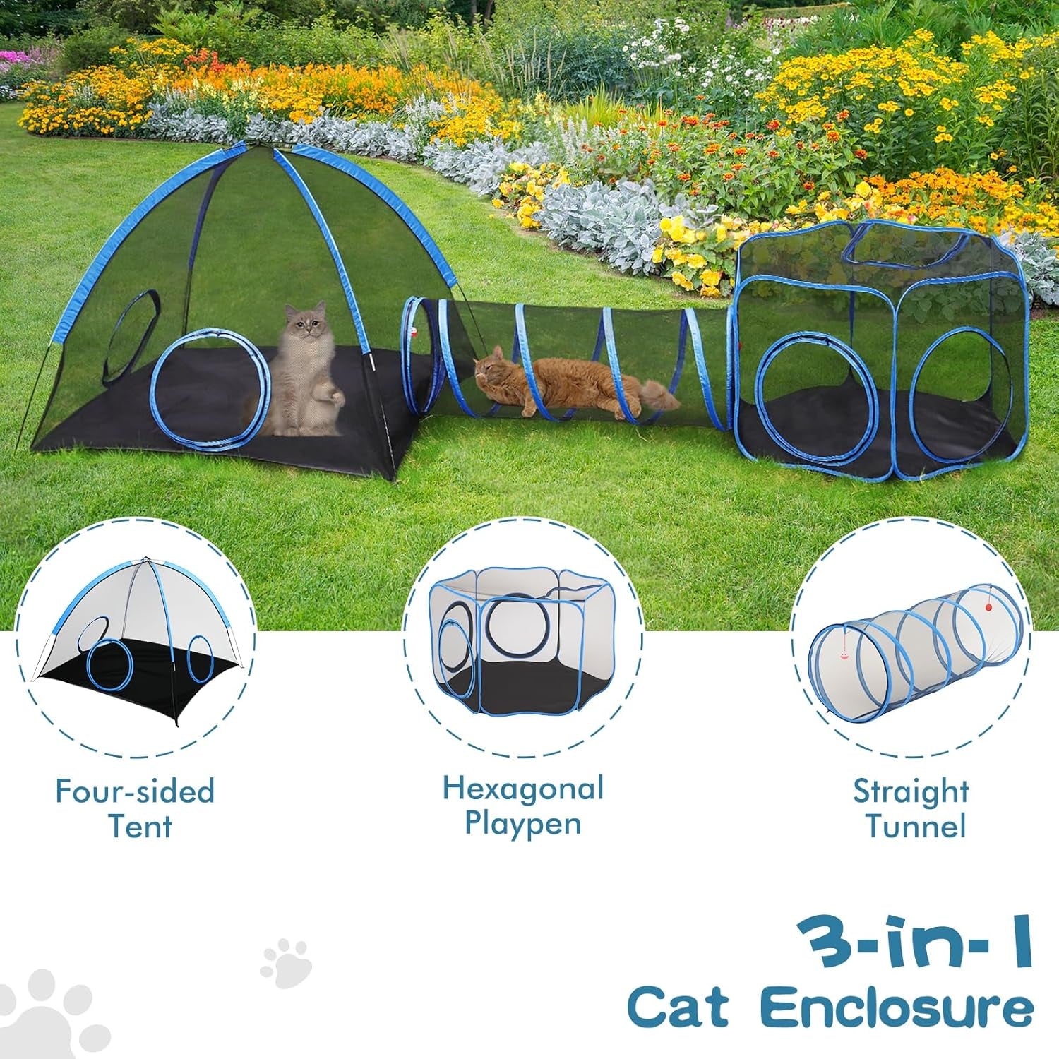 Outdoor Cat Enclosure, 3-In-1 Catio Outdoor Cat Enclosure with Tunnel for outside and Indoor, Kitty Tent Portable Catio Pet Playpen with Storage Bag for Kitty and Small Animals