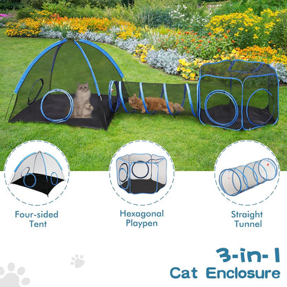 Outdoor Cat Enclosure, 3-In-1 Catio Outdoor Cat Enclosure with Tunnel for outside and Indoor, Kitty Tent Portable Catio Pet Playpen with Storage Bag for Kitty and Small Animals