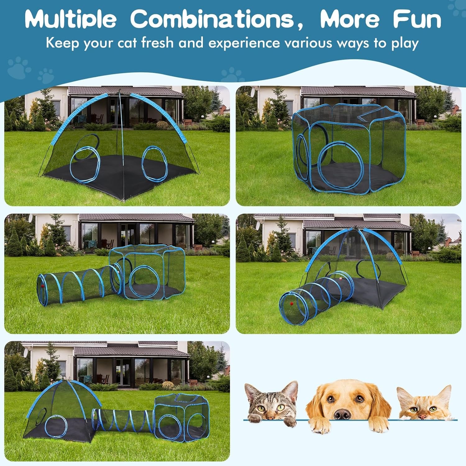 Outdoor Cat Enclosure, 3-In-1 Catio Outdoor Cat Enclosure with Tunnel for outside and Indoor, Kitty Tent Portable Catio Pet Playpen with Storage Bag for Kitty and Small Animals