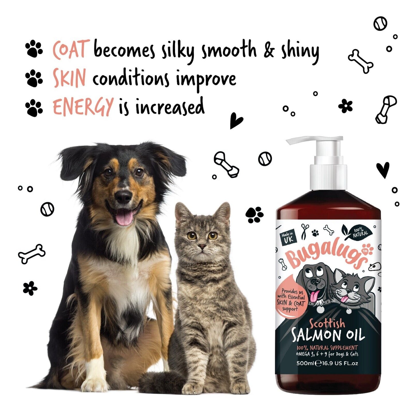 Bugalugs 100% Pure Salmon Oil for Dogs, Cats & Pets 500Ml, Healthy Skin & Coat