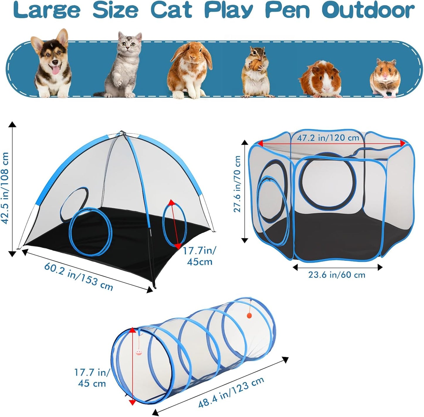 Outdoor Cat Enclosure, 3-In-1 Catio Outdoor Cat Enclosure with Tunnel for outside and Indoor, Kitty Tent Portable Catio Pet Playpen with Storage Bag for Kitty and Small Animals