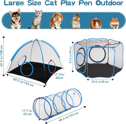 Outdoor Cat Enclosure, 3-In-1 Catio Outdoor Cat Enclosure with Tunnel for outside and Indoor, Kitty Tent Portable Catio Pet Playpen with Storage Bag for Kitty and Small Animals