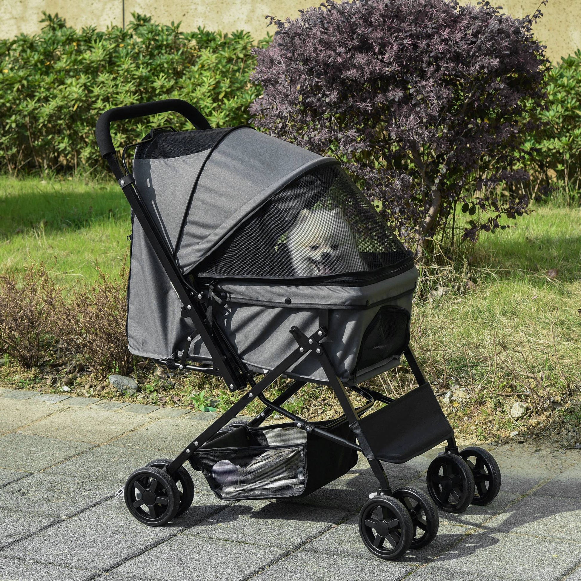 Pet Stroller Foldable Travel Dog Cat Carriage W/ Reversible Handle Brake Basket