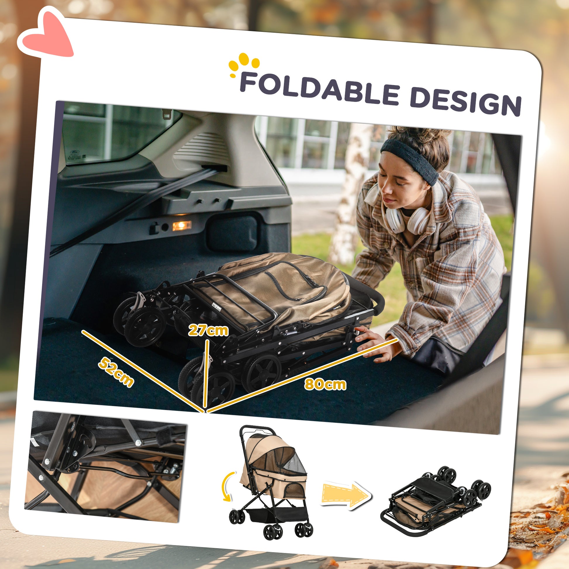 Pet Stroller Foldable Travel Dog Cat Carriage W/ Reversible Handle Brake Basket