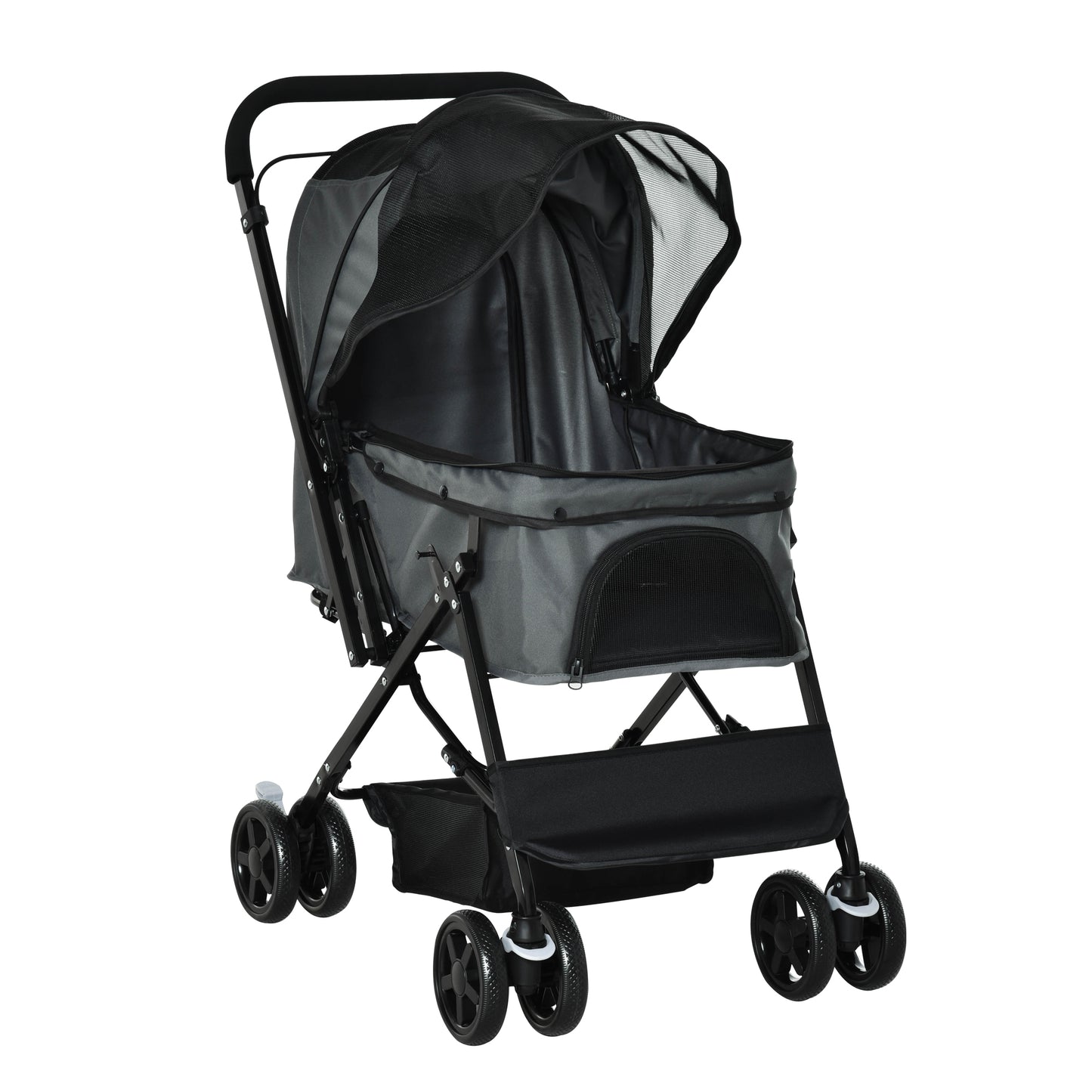 Pet Stroller Foldable Travel Dog Cat Carriage W/ Reversible Handle Brake Basket
