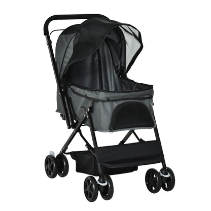 Pet Stroller Foldable Travel Dog Cat Carriage W/ Reversible Handle Brake Basket