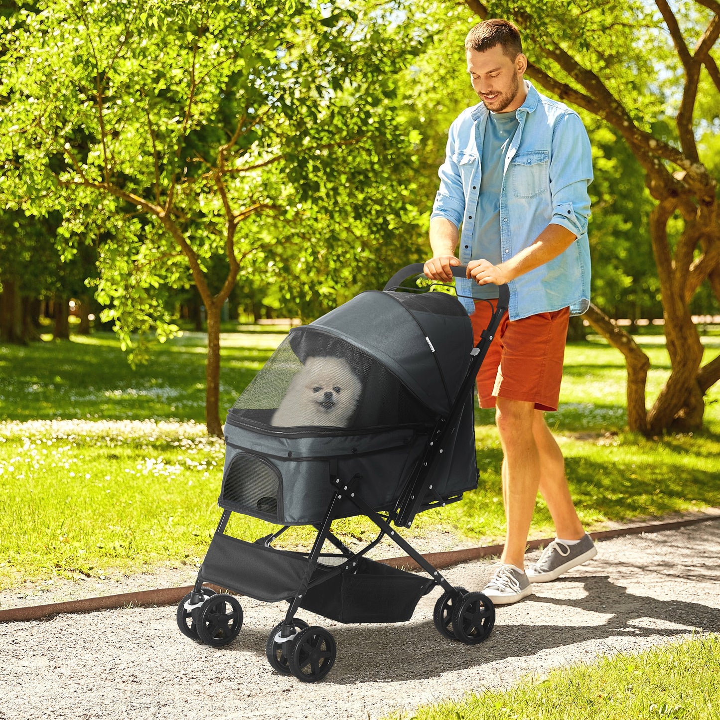 Pet Stroller Foldable Travel Dog Cat Carriage W/ Reversible Handle Brake Basket