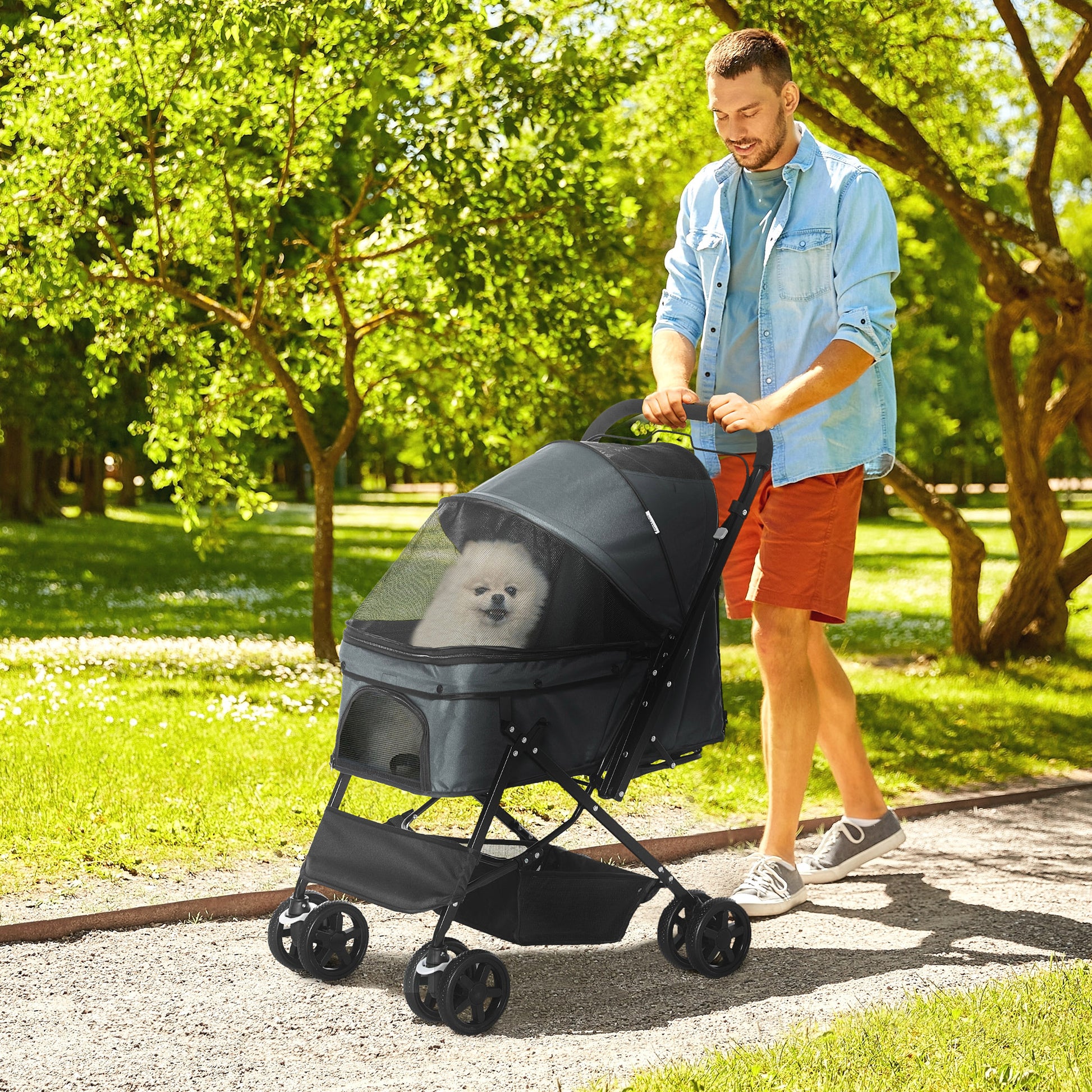 Pet Stroller Foldable Travel Dog Cat Carriage W/ Reversible Handle Brake Basket