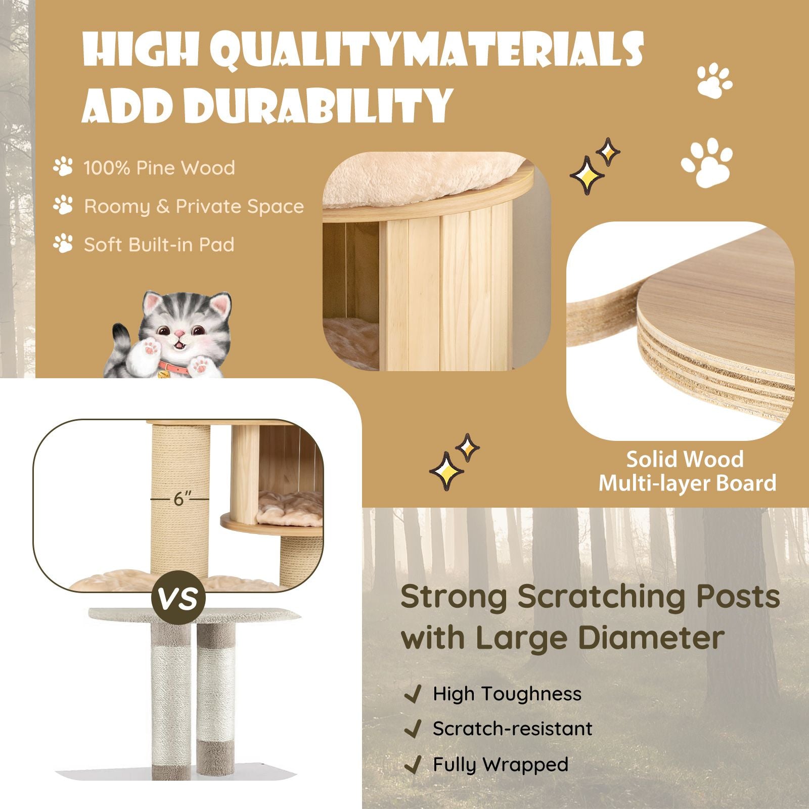 Modern Tall Cat Tree Tower with Wooden Cat Condo