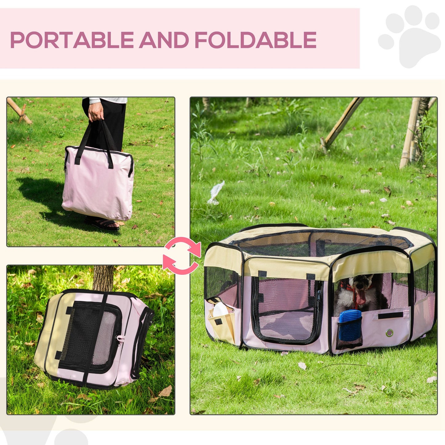 Pawhut Fabric Pet Dog Cat Puppy Playpen Rabbit Guinea Pig Play Pen in Pink Small