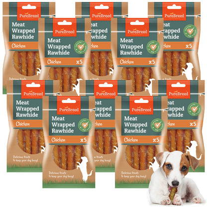 50Pk Dog Chews Treats Rawhide Twists Sticks Wrapped in Chicken Meat Healthy Food