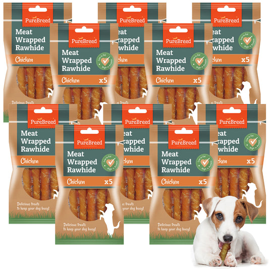 50Pk Dog Chews Treats Rawhide Twists Sticks Wrapped in Chicken Meat Healthy Food