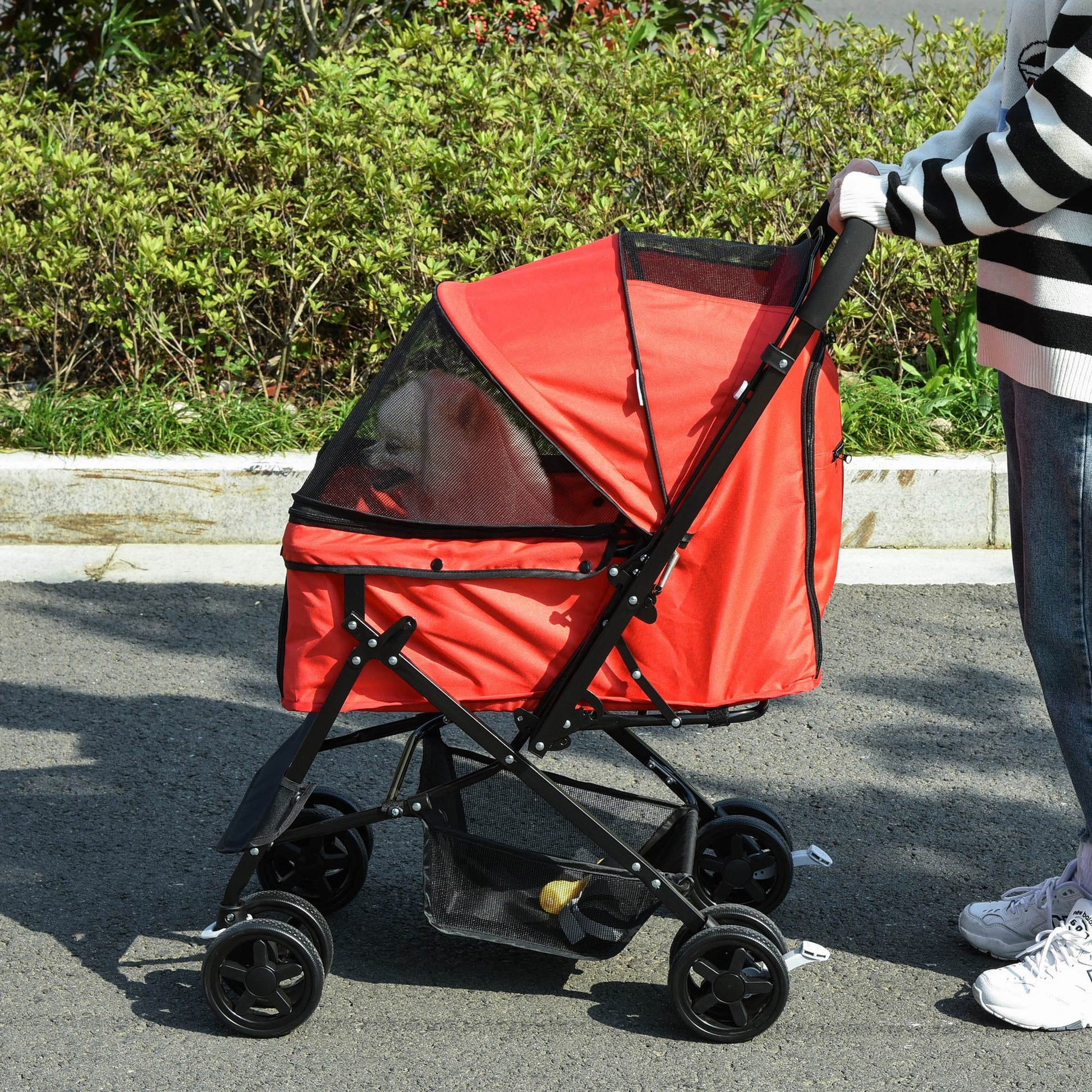 Pet Stroller Foldable Travel Dog Cat Carriage W/ Reversible Handle Brake Basket