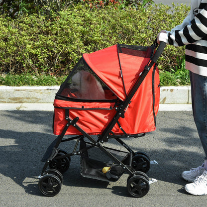 Pet Stroller Foldable Travel Dog Cat Carriage W/ Reversible Handle Brake Basket