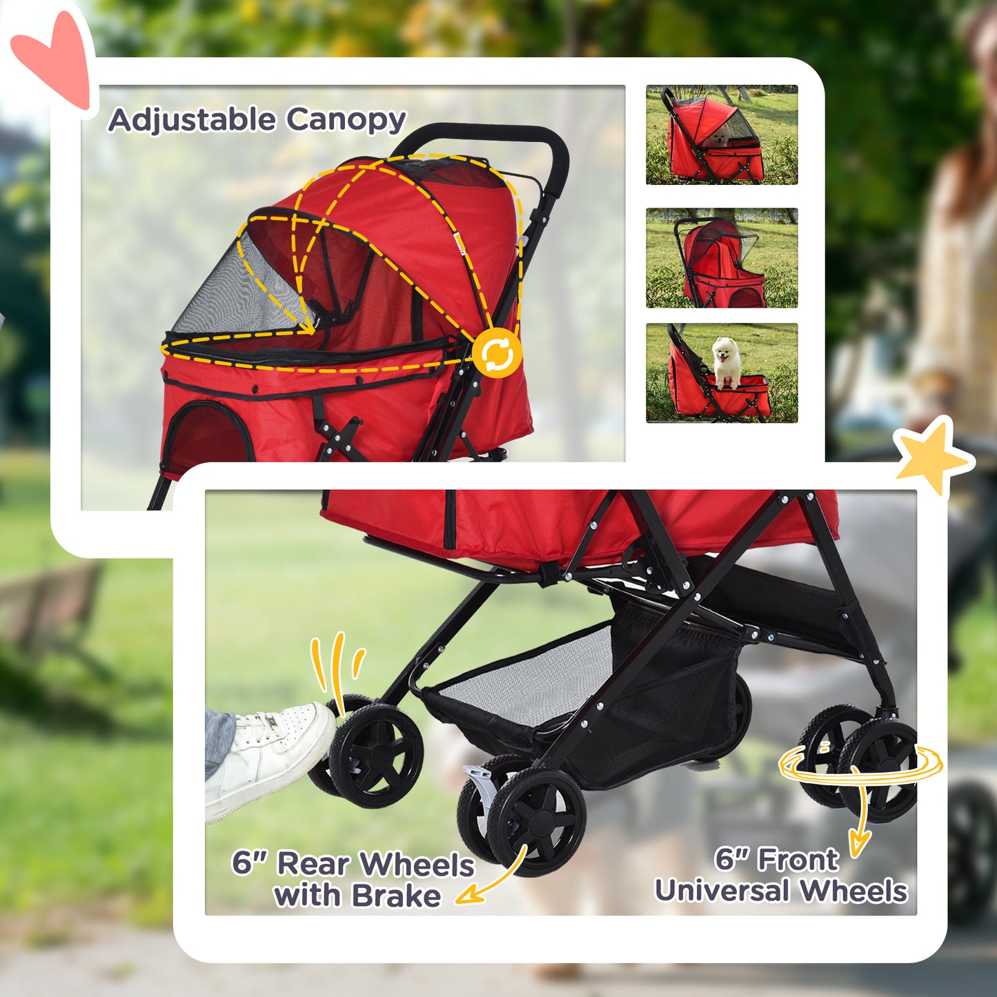 Pet Stroller Foldable Travel Dog Cat Carriage W/ Reversible Handle Brake Basket