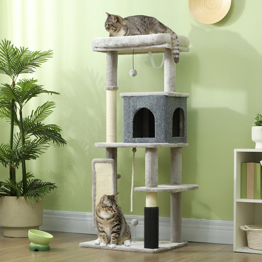 Cat Tree, 132Cm Cat Tower with Scratching Posts and Pad, Bed, House, Light Grey