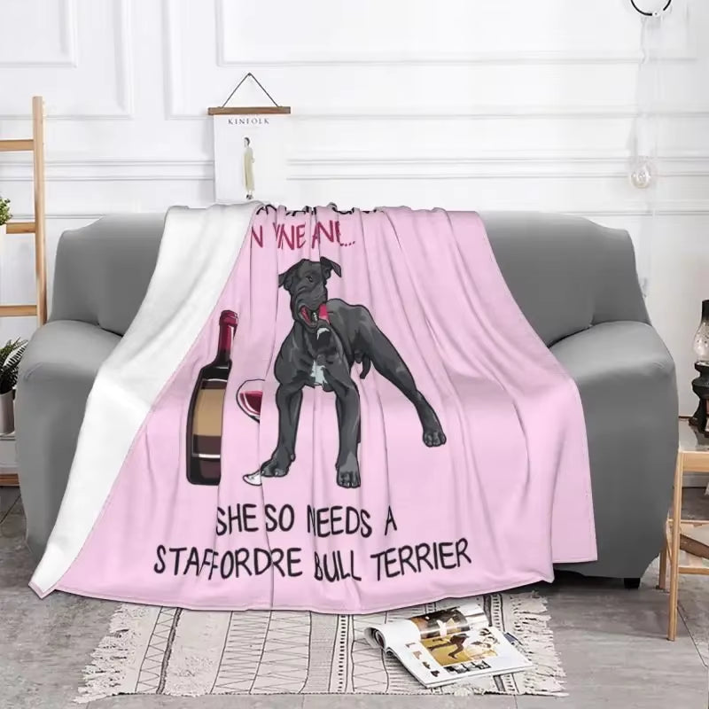 Staffordshire Bull Terrier and Wine Funny Dog Blankets Warm Flannel Pet Puppy Lover Throw Blanket for Bed Couch Bedspread
