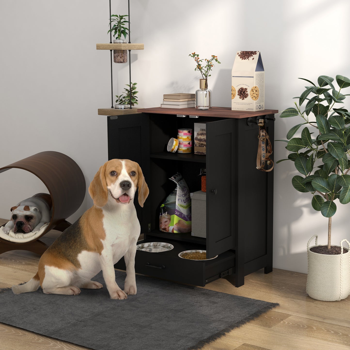 Dog Feeding Station with Storage, Pet Feeding Station with Dog Bowls, Black