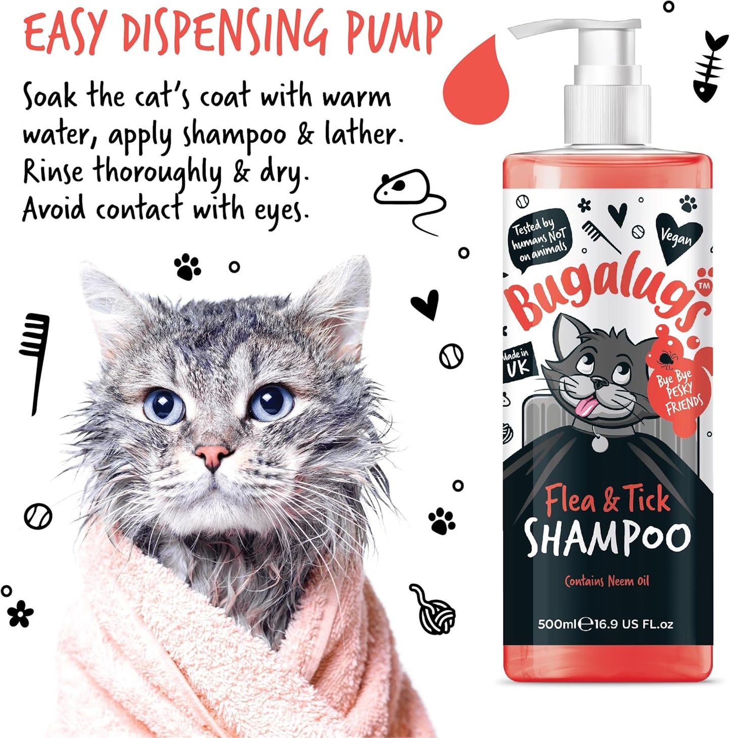 Flea and Tick Cat Shampoo by  500Ml, Deep Cleansing for Cats for Fleas, Ticks & Mites Contains Neem Oil, PH Balanced Vegan (500Ml Flea Shampoo)