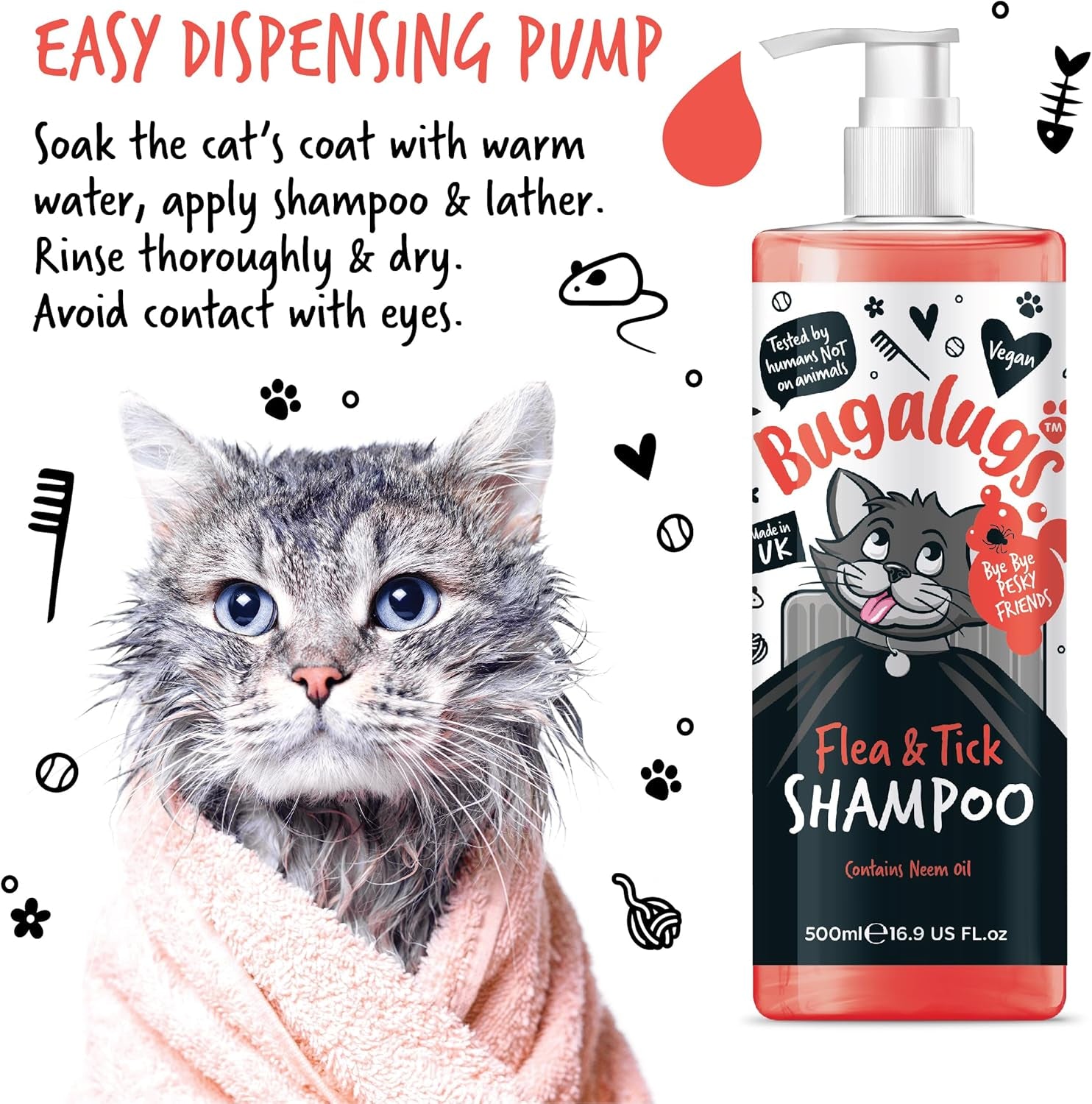 Flea and Tick Cat Shampoo by  500Ml, Deep Cleansing for Cats for Fleas, Ticks & Mites Contains Neem Oil, PH Balanced Vegan (500Ml Flea Shampoo)