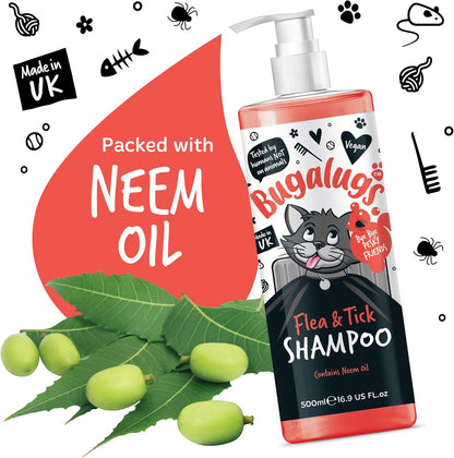 Flea and Tick Cat Shampoo by  500Ml, Deep Cleansing for Cats for Fleas, Ticks & Mites Contains Neem Oil, PH Balanced Vegan (500Ml Flea Shampoo)