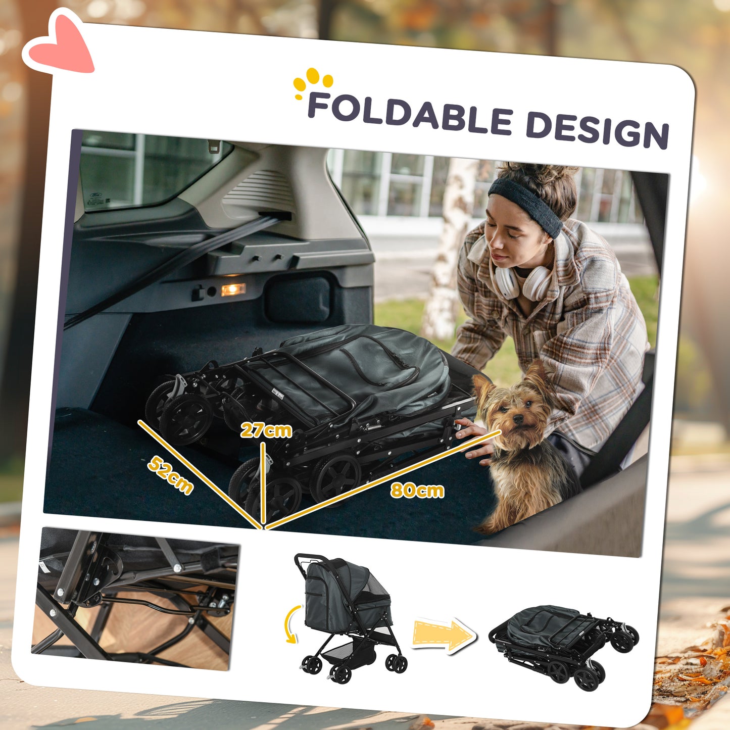 Pet Stroller Foldable Travel Dog Cat Carriage W/ Reversible Handle Brake Basket