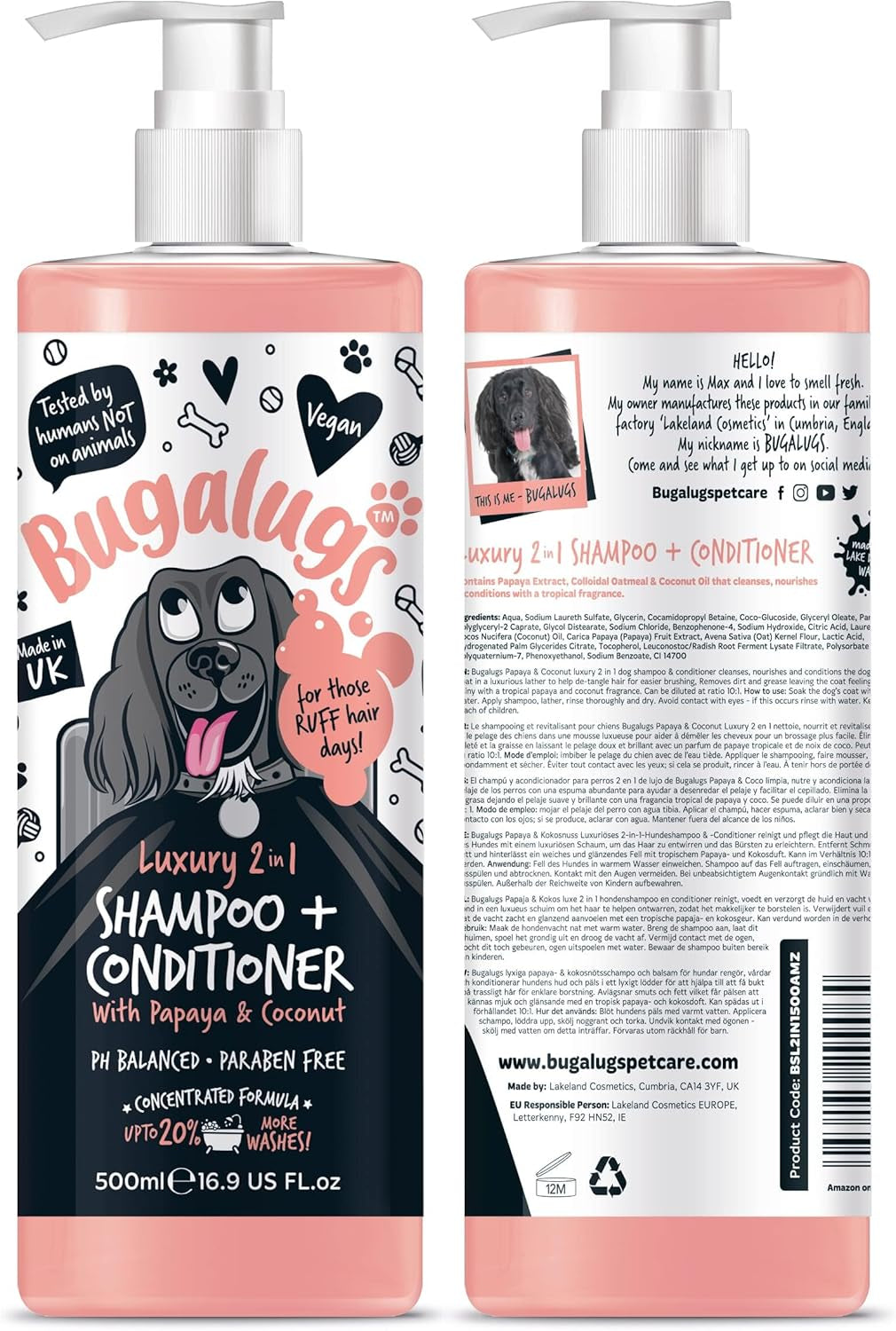 Dog Shampoo and Conditioner with Luxury 2 in 1 Papaya & Coconut Fragrance, Professional Puppy Shampoo Grooming Products for Smelly Dogs