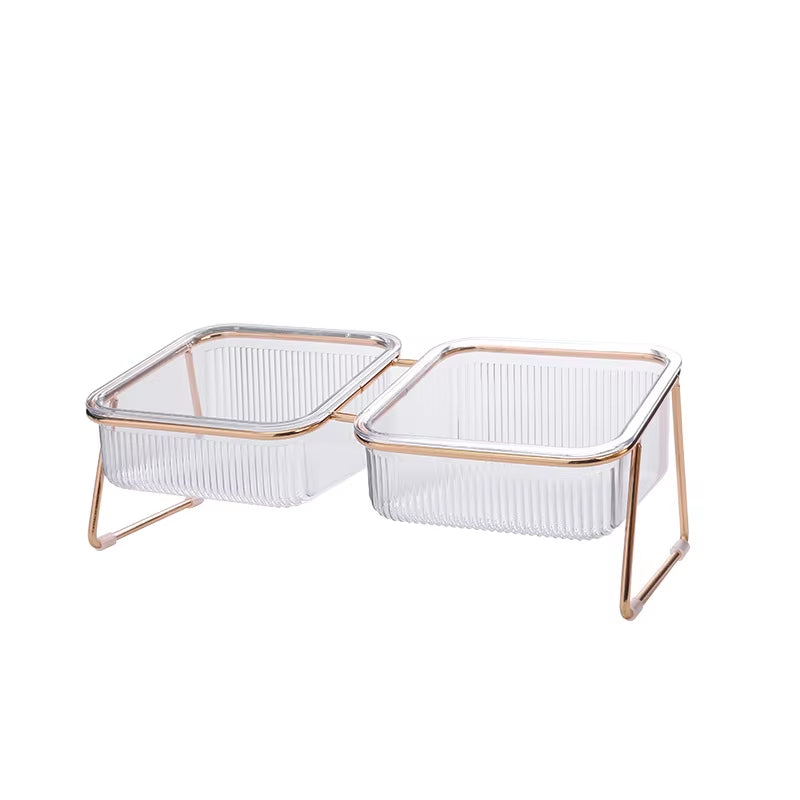 Pet Double Bowl Transparent High Foot Cat Bowl Drink Water Cat Food with Golden Stand Raised Water Feeder Dog Bowl Supplies