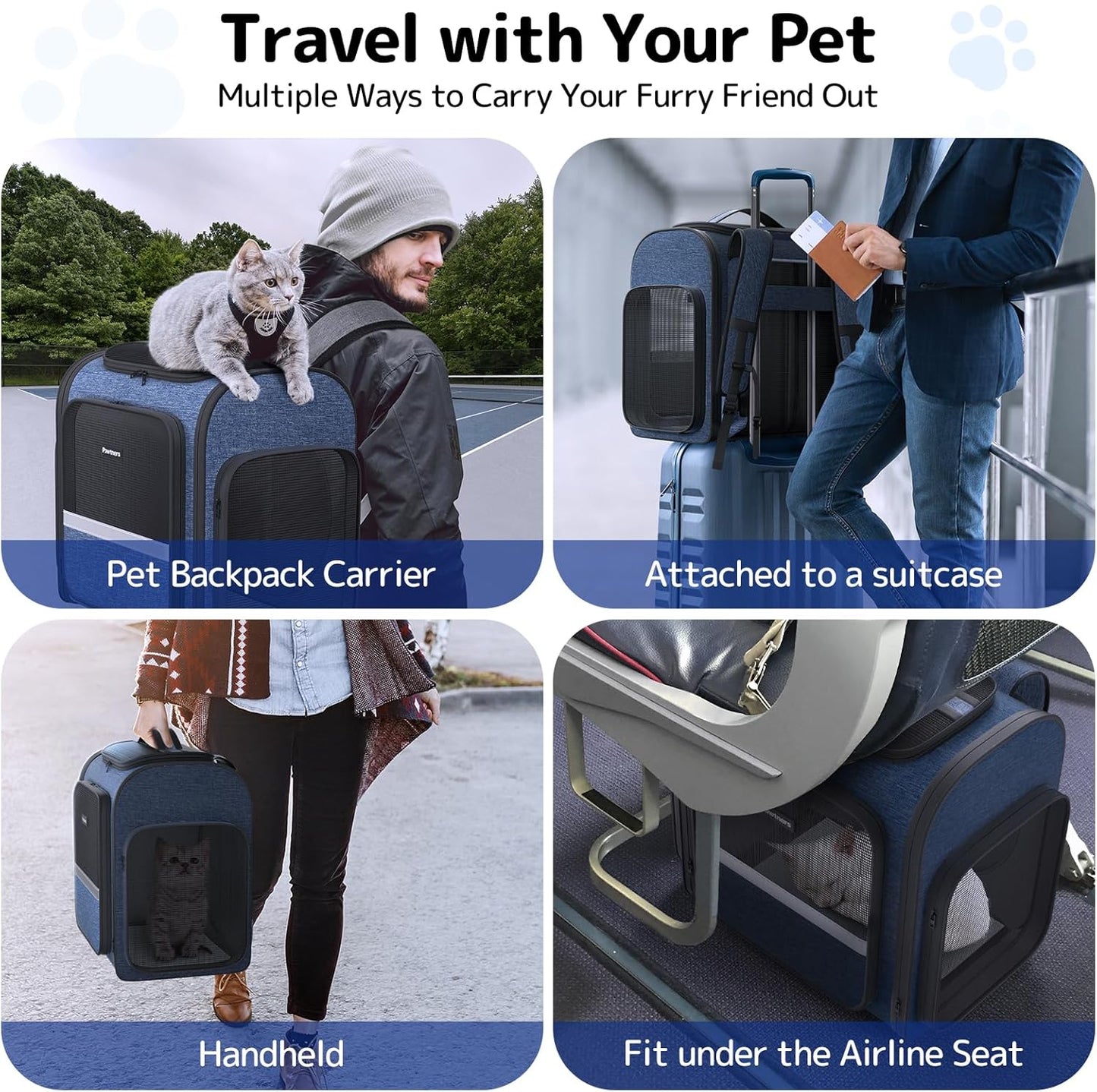 Cat Carrier Backpacks: Expandable Pet Backpack with Breathable Mesh, Pet Carrier Backpack for Cats Small Dogs Puppies up to 25 Lbs, Dog Carrier Backpack for Travel Hiking Camping Outdoor Blue