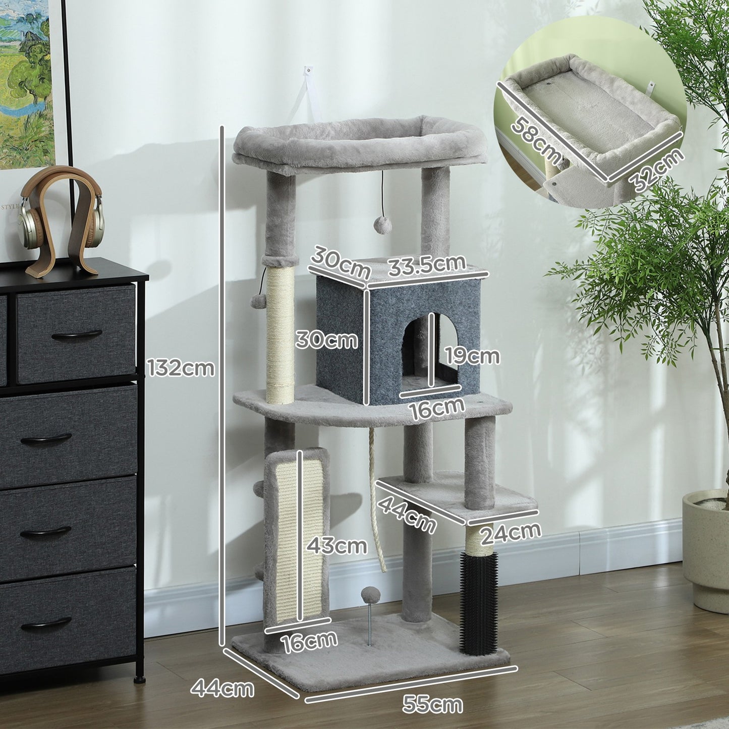 Cat Tree, 132Cm Cat Tower with Scratching Posts and Pad, Bed, House, Light Grey