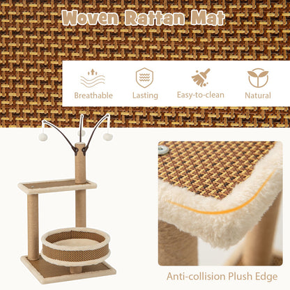 Modern Cat Tower with Rattan Mat and 3 Hanging Ball Toys