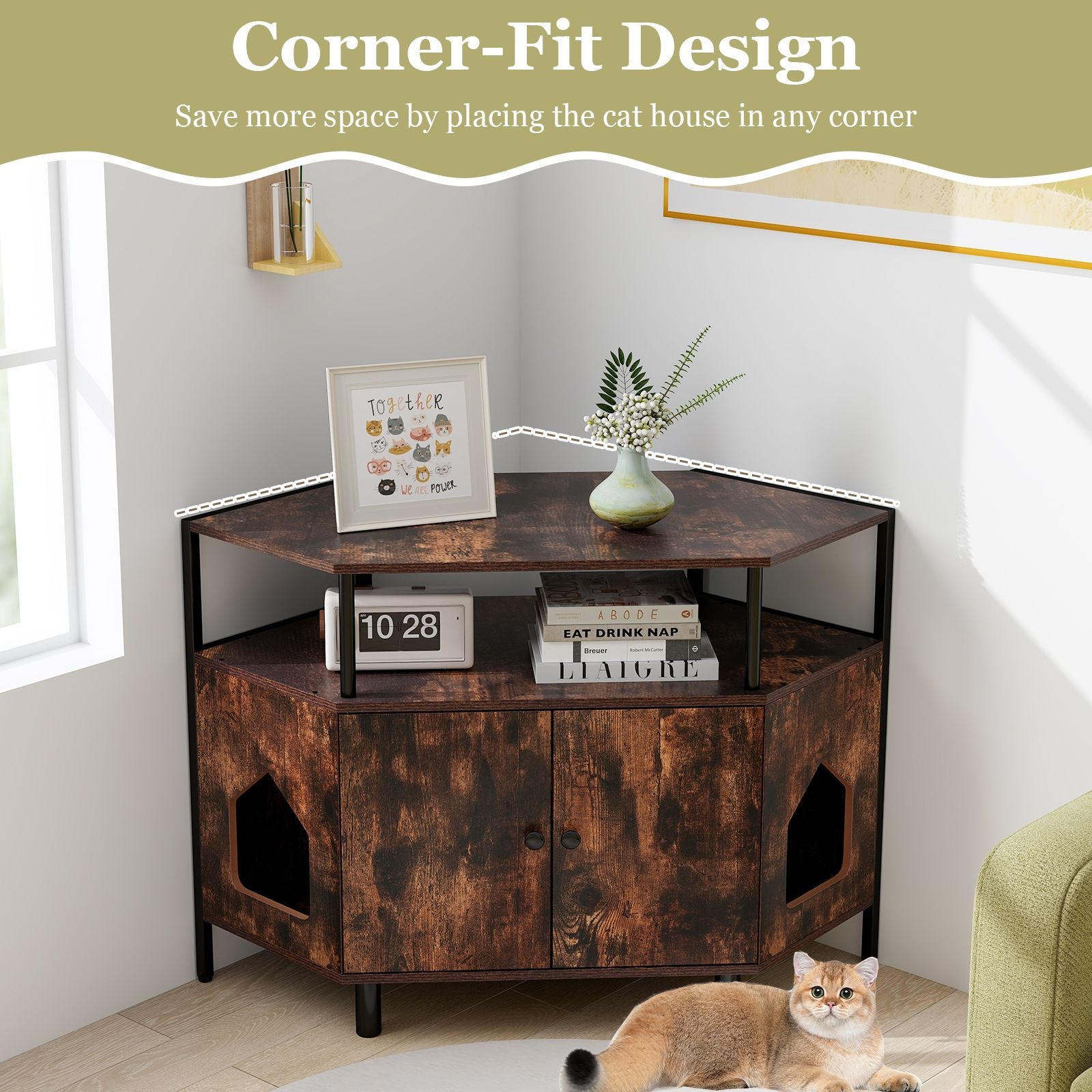 Corner Cat Litter Box Enclosure with Open Shelf