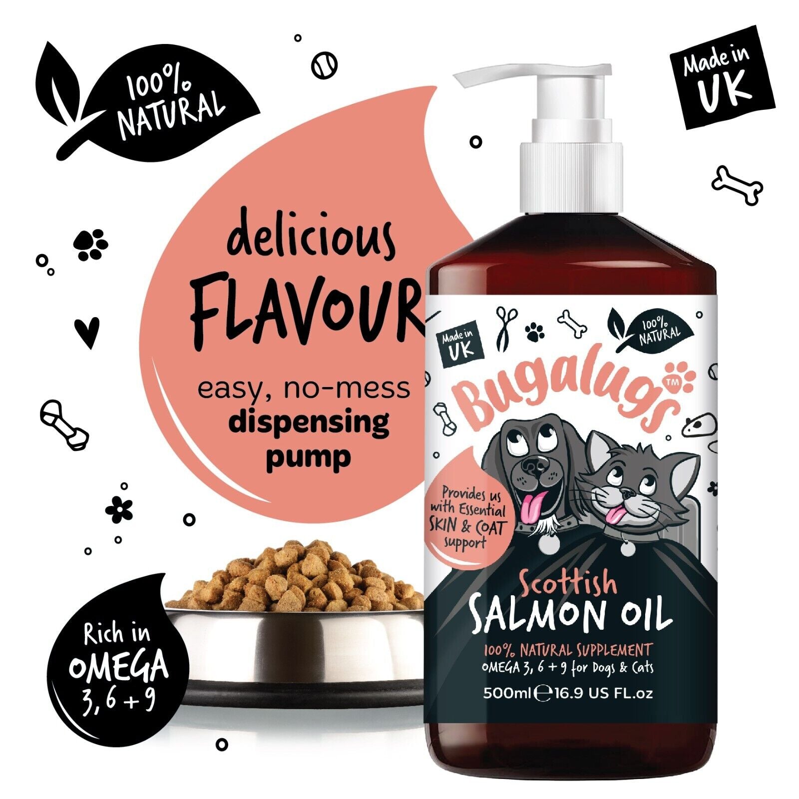 Bugalugs 100% Pure Salmon Oil for Dogs, Cats & Pets 500Ml, Healthy Skin & Coat