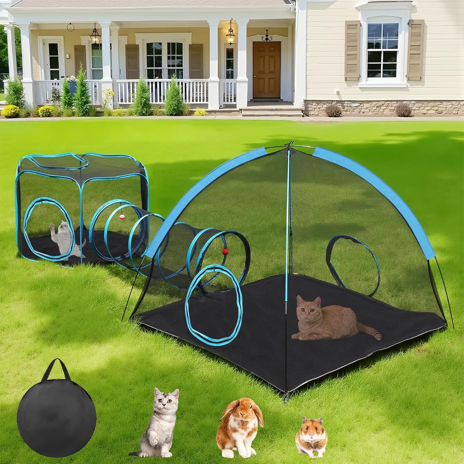 Outdoor Cat Enclosure, 3-In-1 Catio Outdoor Cat Enclosure with Tunnel for outside and Indoor, Kitty Tent Portable Catio Pet Playpen with Storage Bag for Kitty and Small Animals