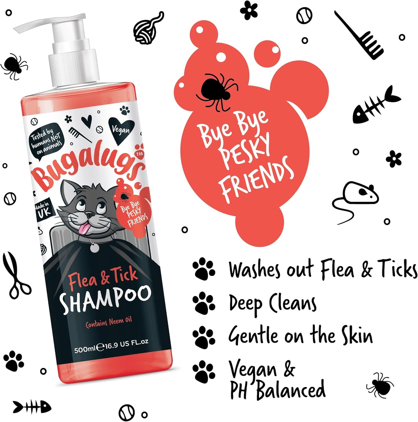 Flea and Tick Cat Shampoo by  500Ml, Deep Cleansing for Cats for Fleas, Ticks & Mites Contains Neem Oil, PH Balanced Vegan (500Ml Flea Shampoo)