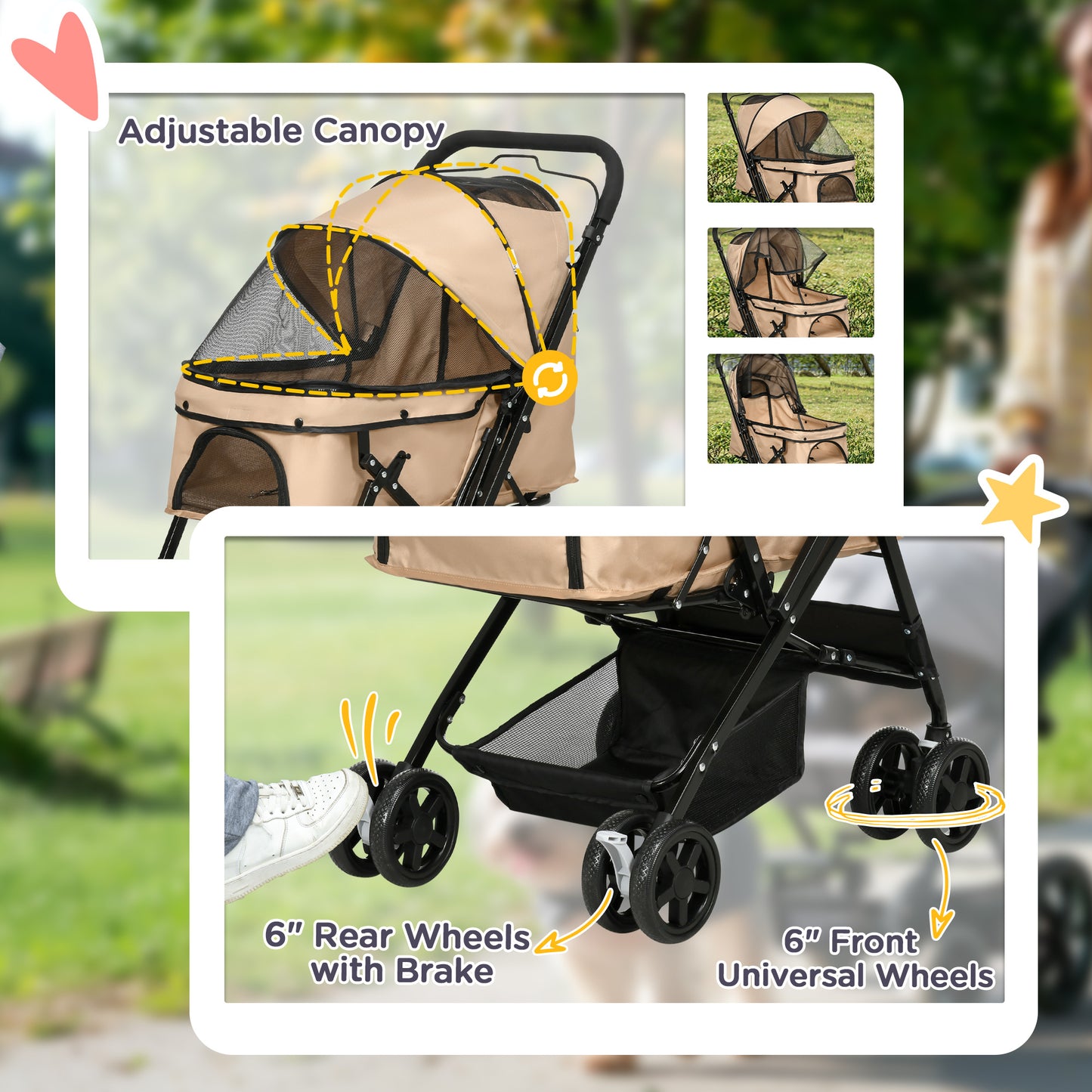 Pet Stroller Foldable Travel Dog Cat Carriage W/ Reversible Handle Brake Basket