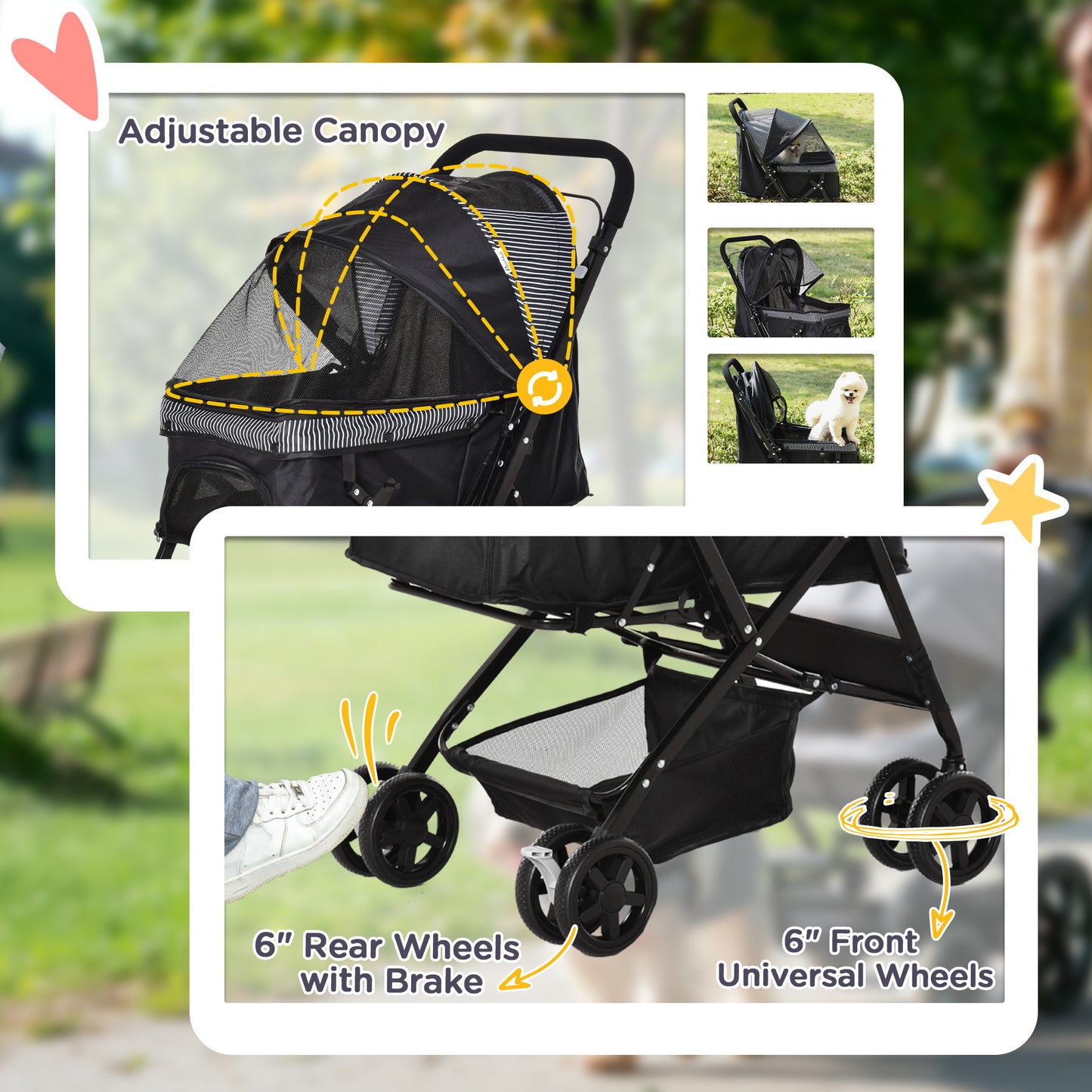 Pet Stroller Foldable Travel Dog Cat Carriage W/ Reversible Handle Brake Basket