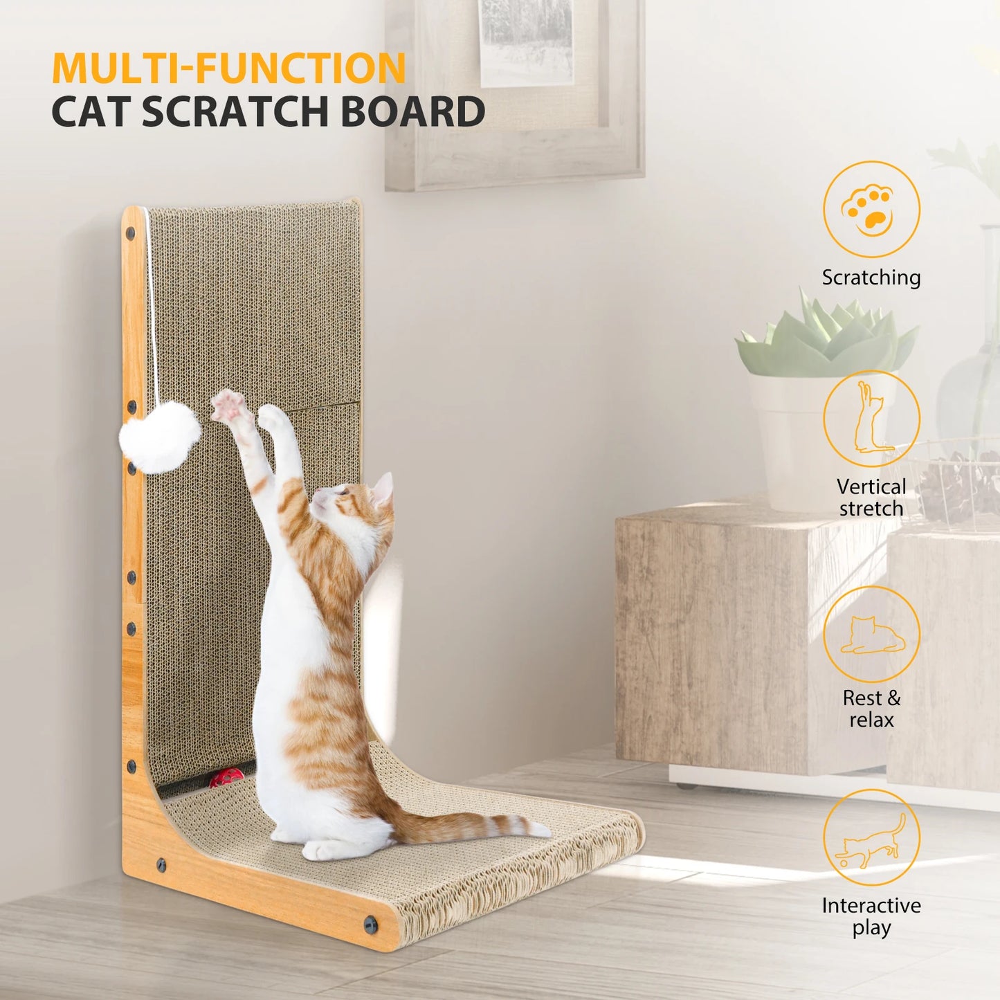 L Shape Cat Scratcher 68 Cm Cat Scratch Pad Cat, Cat Scratching Cardboard Wall Scratcher with Ball Toy for Indoor Cats